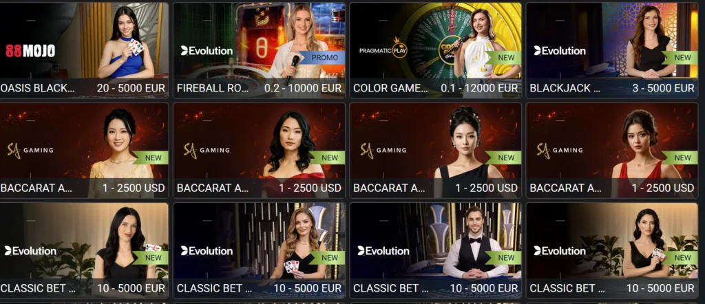 888Starz live casino lobby featuring Evolution, SA Gaming, and Pragmatic Play tables, including blackjack, baccarat, roulette, and other live dealer games.